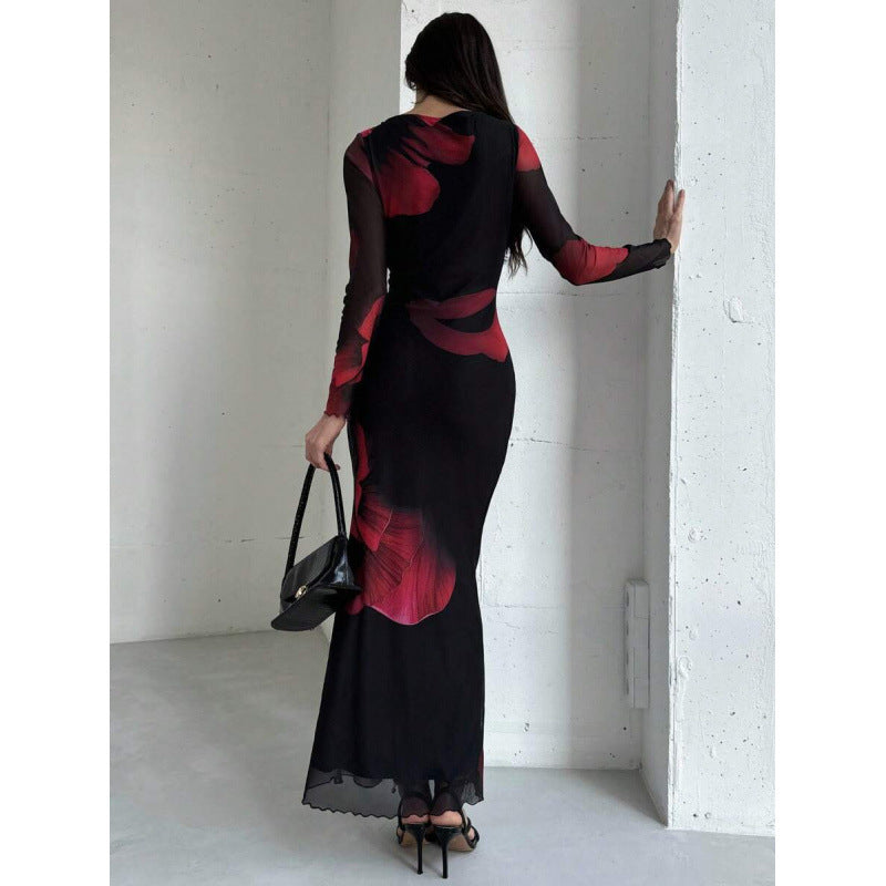 Printed Mesh Lined Maxi Dress