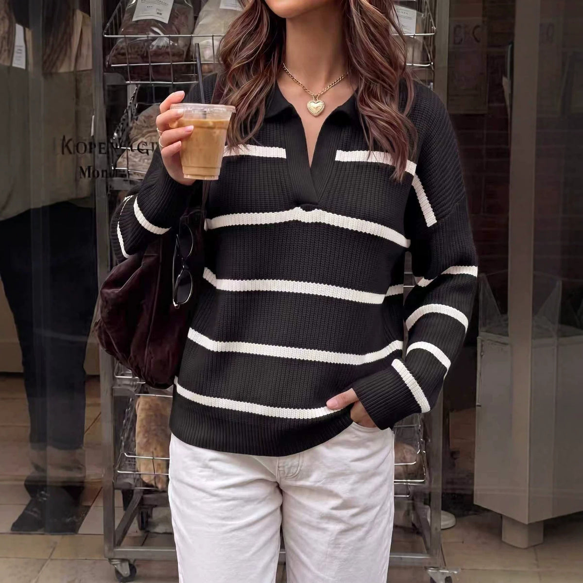 Striped Lapel Knit Sweater