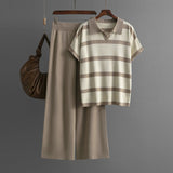 Striped Polo Collar Top and Wide Leg Set