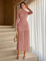 Pleated Mesh Long Sleeve Maxi Dress