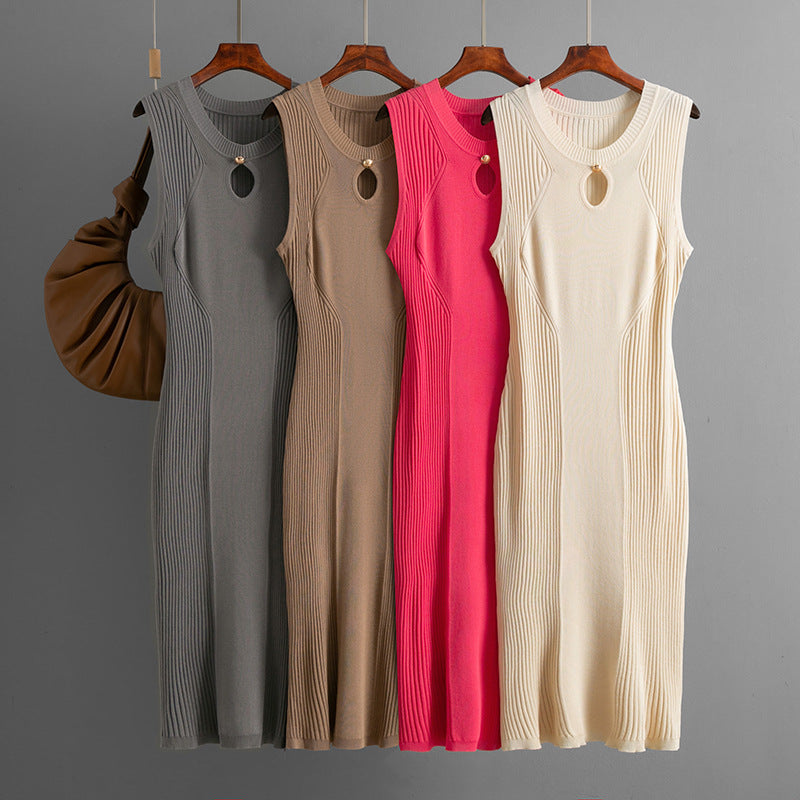 Summer round neck sleeveless ice silk knitted dress slim temperament solid color bottoming skirt medium and long