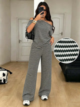 Striped One Shoulder Top and Wide Leg Set