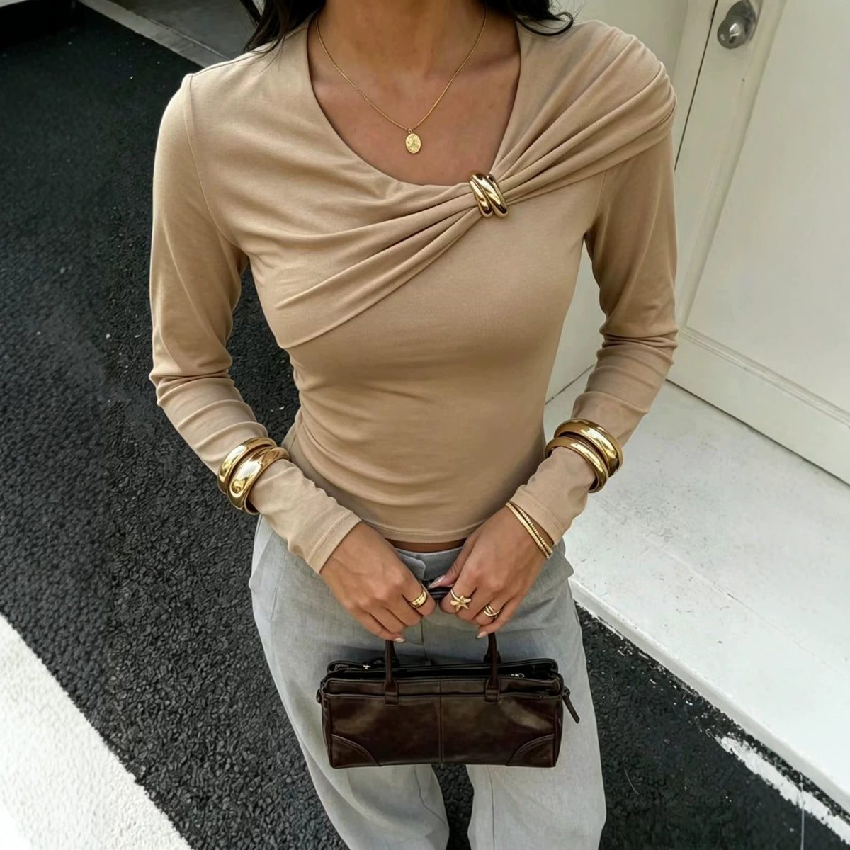 Metal Trim Round Neck Top