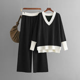 V Neck Contrast Knit and Wide Leg Set