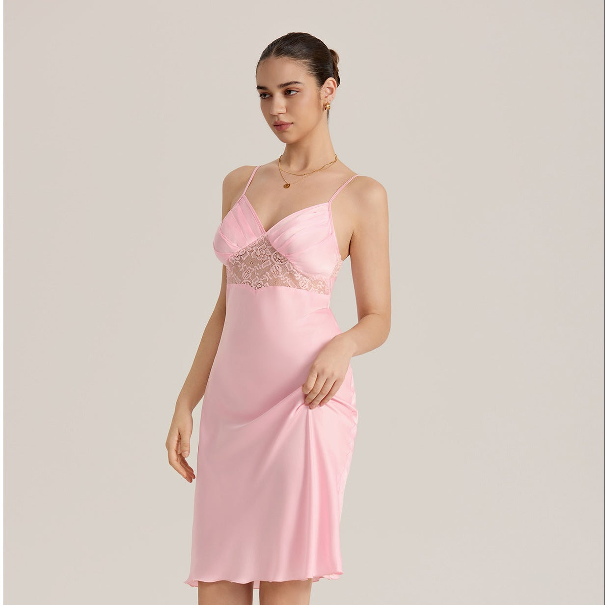 The Lace Allure | Solid Color Lace Patchwork Satin Midi Slip Sleep Dress