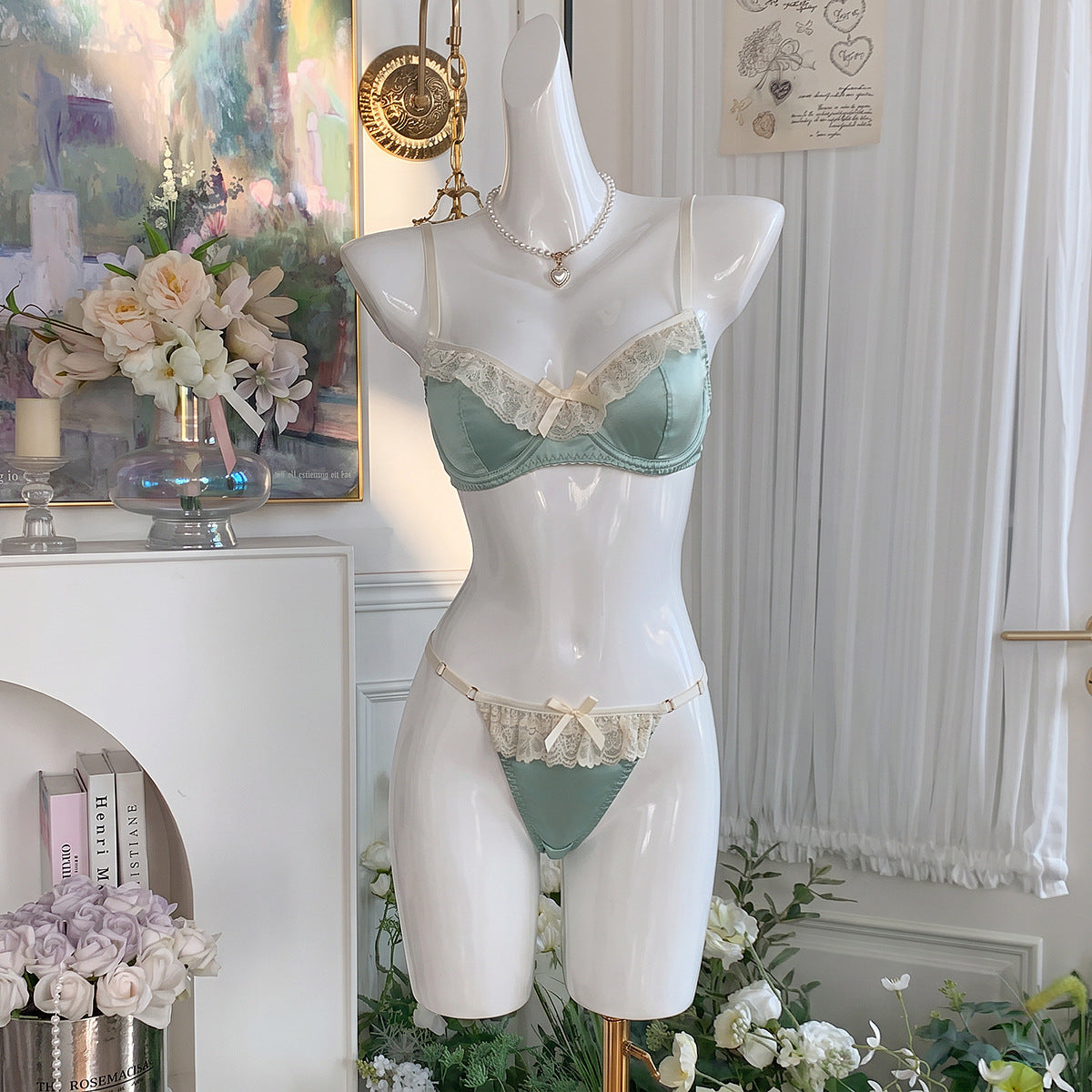 Green Satin Ruffle Trim Bra and Thong Set