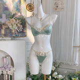 Green Satin Ruffle Trim Bra and Thong Set
