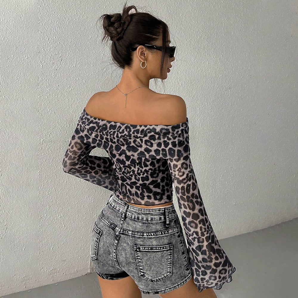 Leopard Off Shoulder Flare Sleeve Top