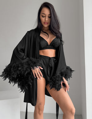 Nightgown three - piece set imitation with silk satin feather loungewear set - Negative Apparel