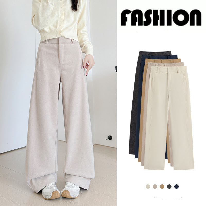 A model wears wide-leg pleated trousers in a light warm beige/cream tone, shown in a split layout with the word FASHION and Chinese text. On the right, the same pants are shown in a stack of color options including black, dark gray, beige, tan, and cream.