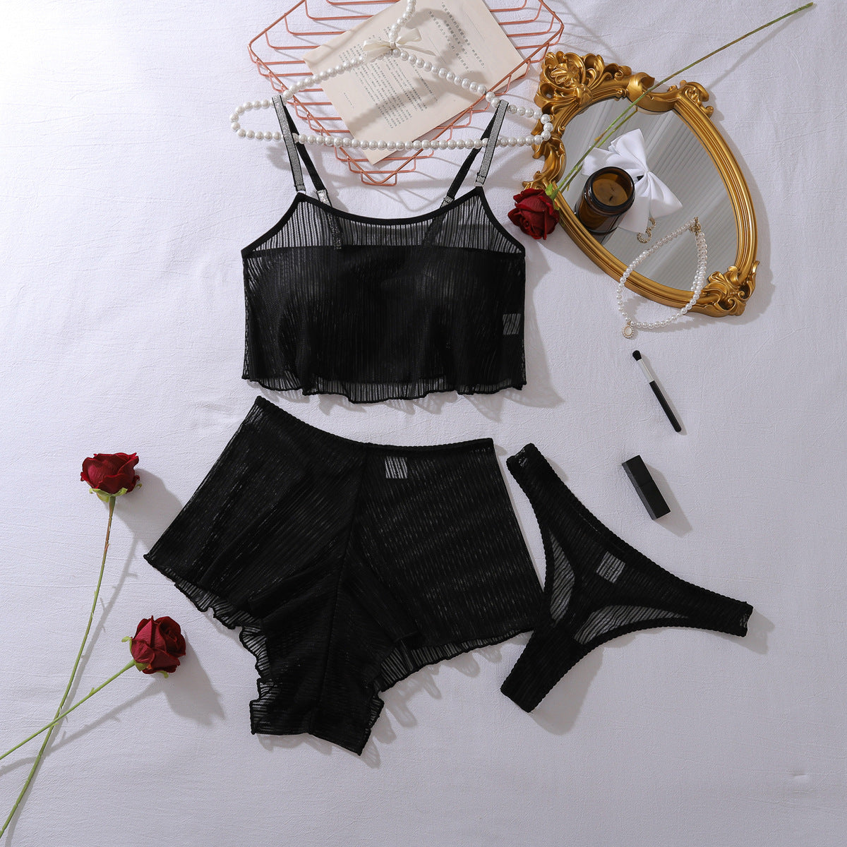 black mesh perspective light and thin comfortable slim sexy underwear split set