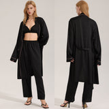 The Satin Elegance | Black Satin Three-Piece Sleep Set (Robe, Cami & Long Pants)