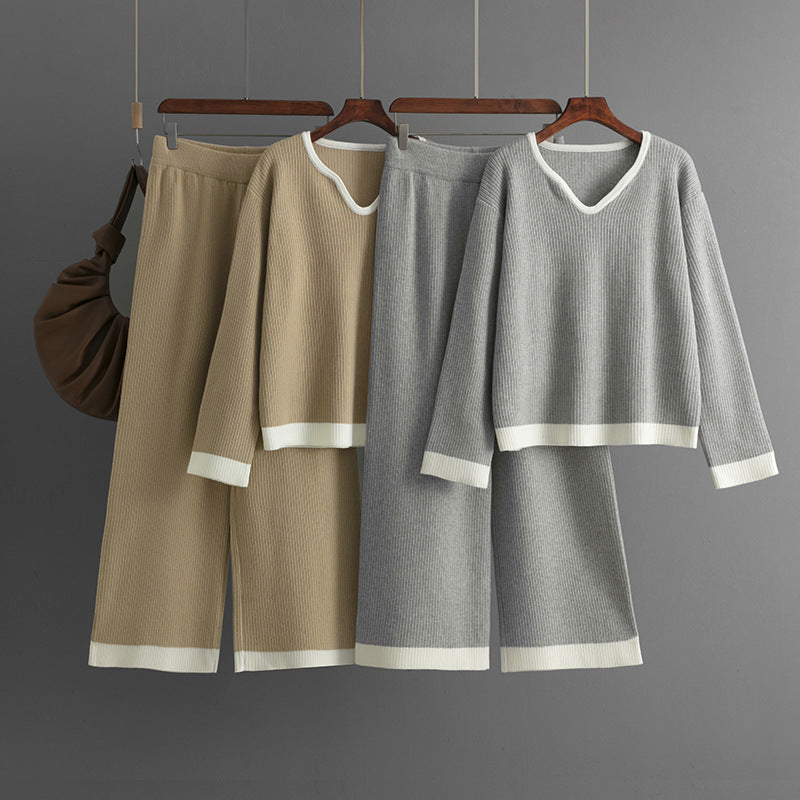 New pit strip knitted suit women's V-neck contrasting top wide-leg pants two-piece set