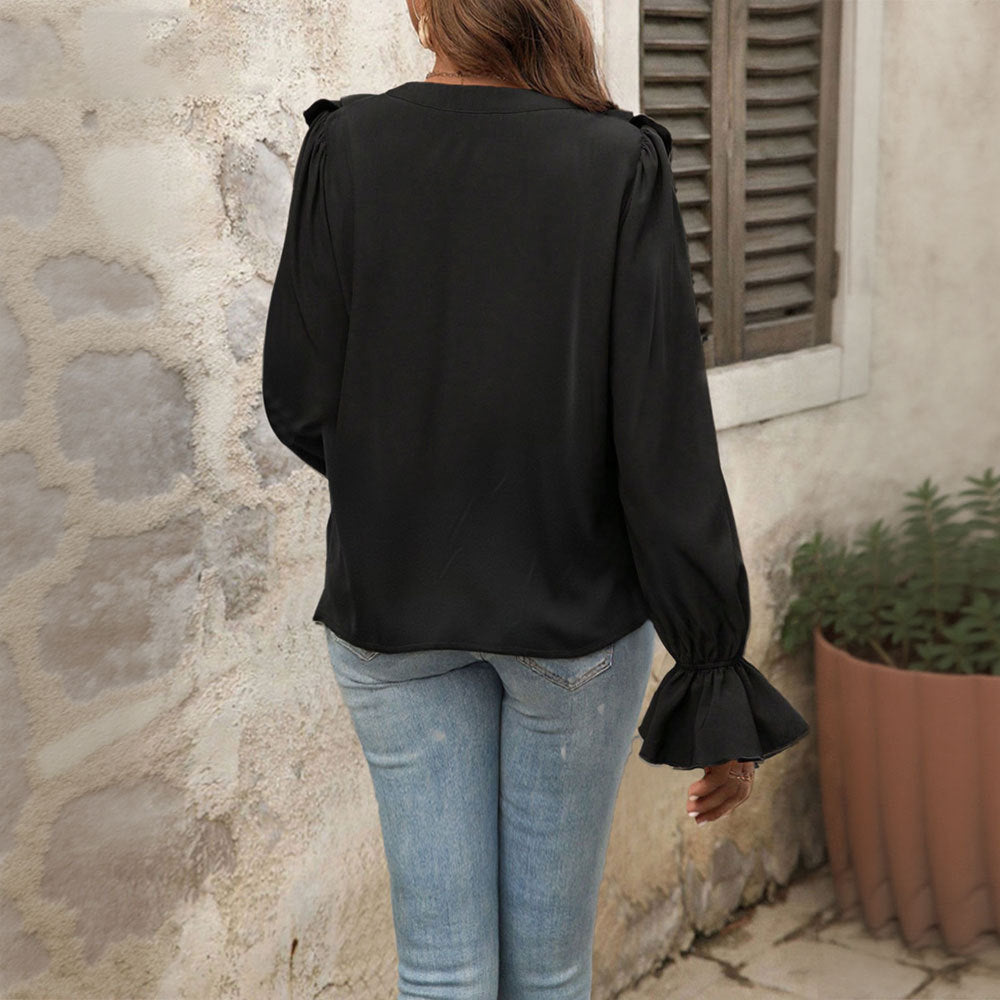 Ruffle V-Neck Crinkle Blouse