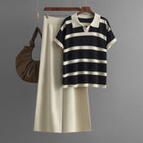 Striped Polo Collar Top and Wide Leg Set