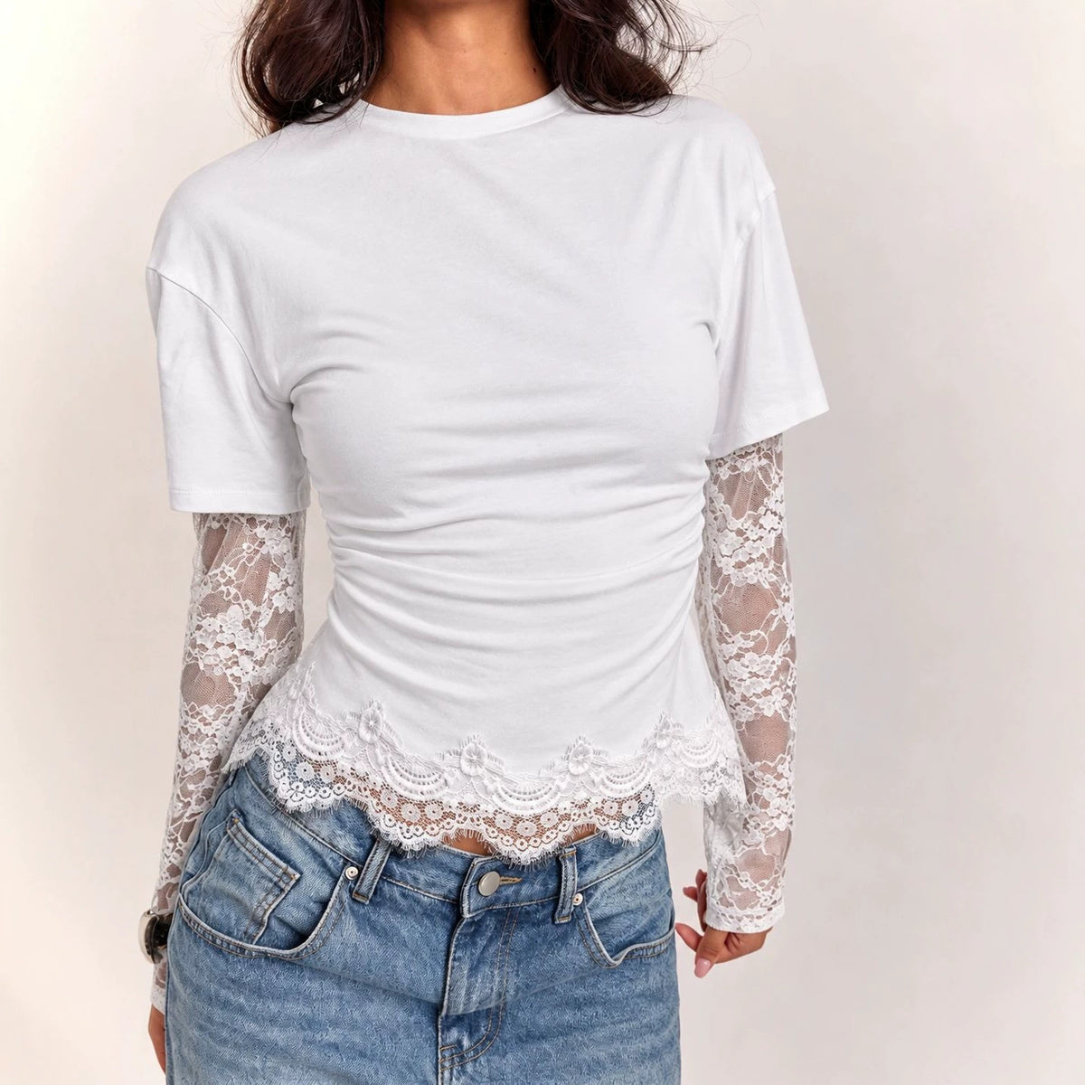 Lace Panel Side Pleated Layered Top