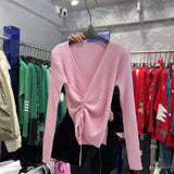 Drawstring Ruched V Neck Knit Top