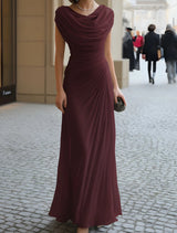 Draped Neck Pleated Midi Dress