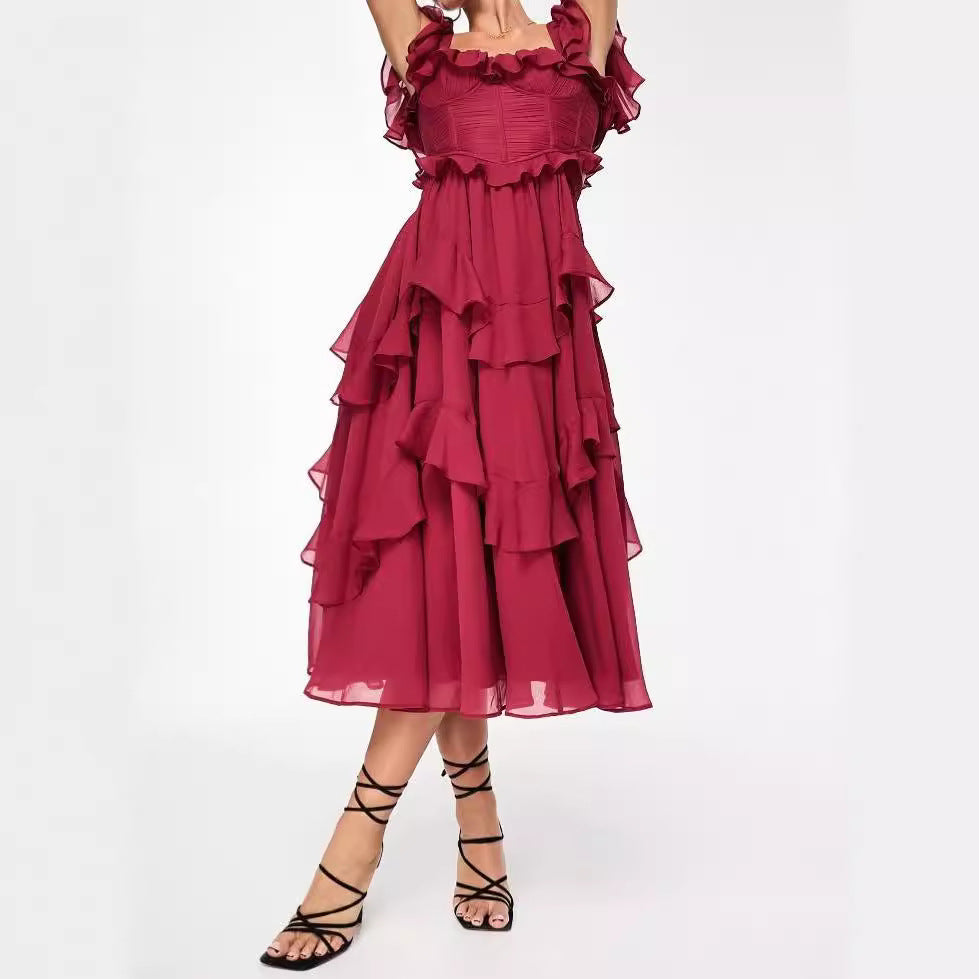 Lace halter hollow cake skirt ruffle edge pleated dress