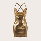 ICON Concert Outfits Ladies' Draped Neck Bodycon Mini Slip Dress With Shoulder Strap