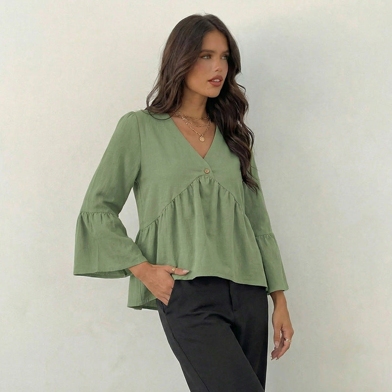 Asymmetric V-Neck Flare Sleeve Top