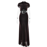 Pleated Mesh Panel Maxi Dress