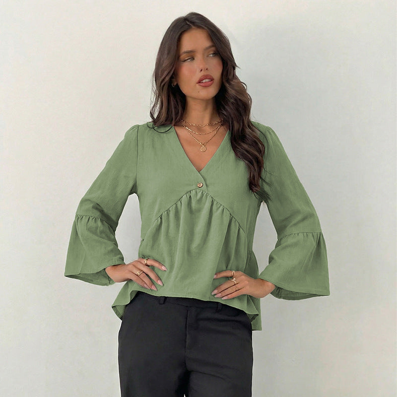Asymmetric V-Neck Flare Sleeve Top
