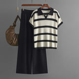 Striped Polo Collar Top and Wide Leg Set