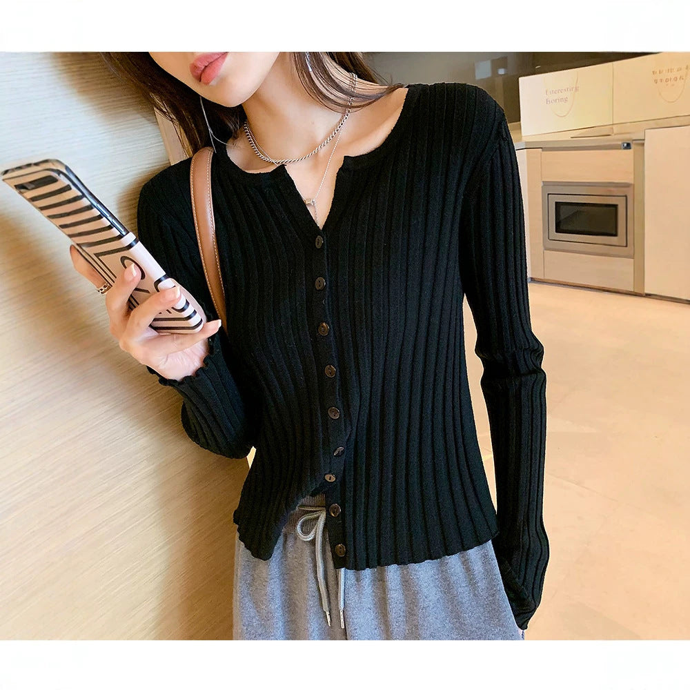 Thick Rib Crew Neck Knit Cardigan