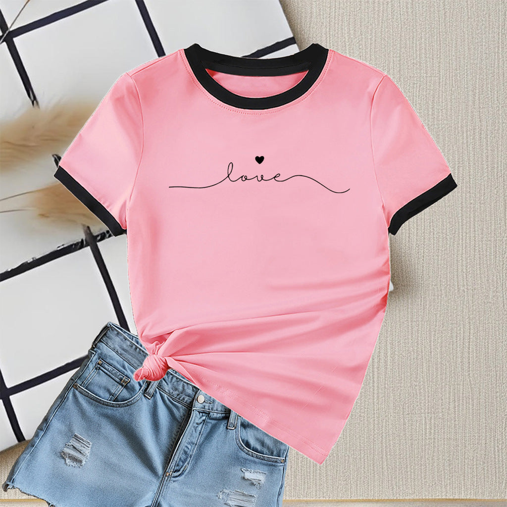 New summer round neck contrasting color matching short-sleeved casual slim-fit women's T-shirt versatile top