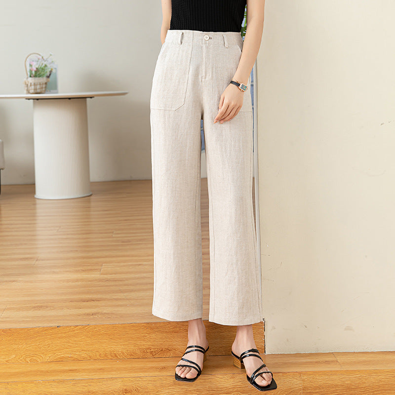 Tencel hemp white wide-leg pants women's straight nine-point casual pants women's elastic waist linen OL professional wide-leg pants new