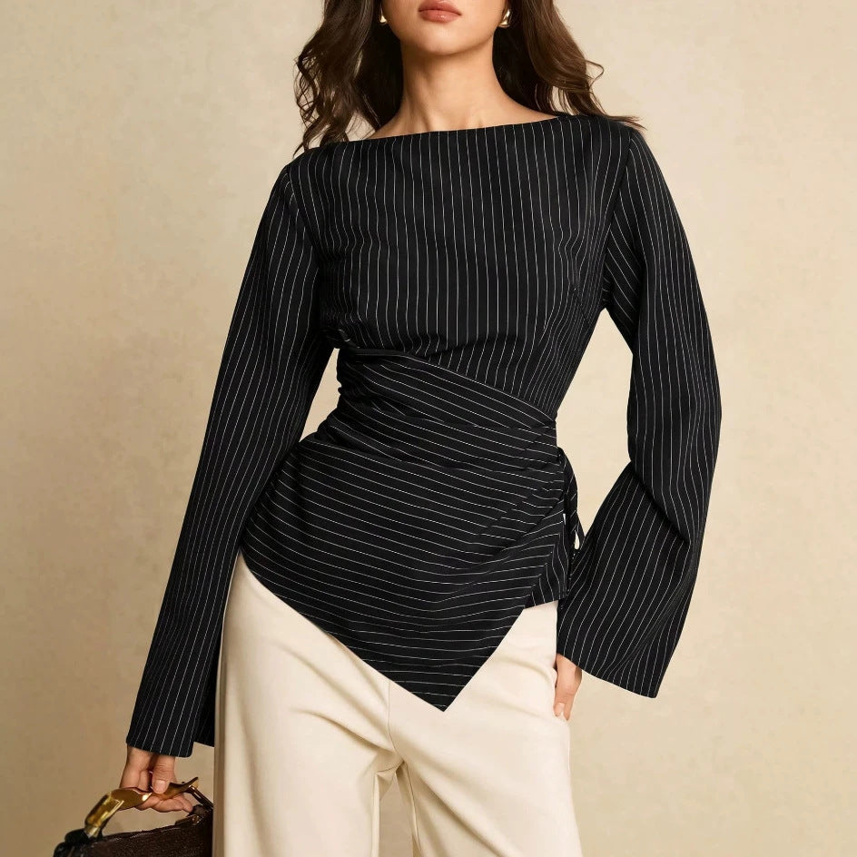 Striped Drawstring Waist Longline Top