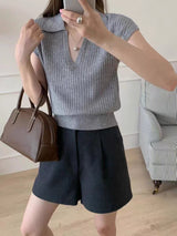 Knitted Polo Collar Short Sleeve Top