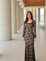 Square Neck Lace Long Sleeve Evening Dress