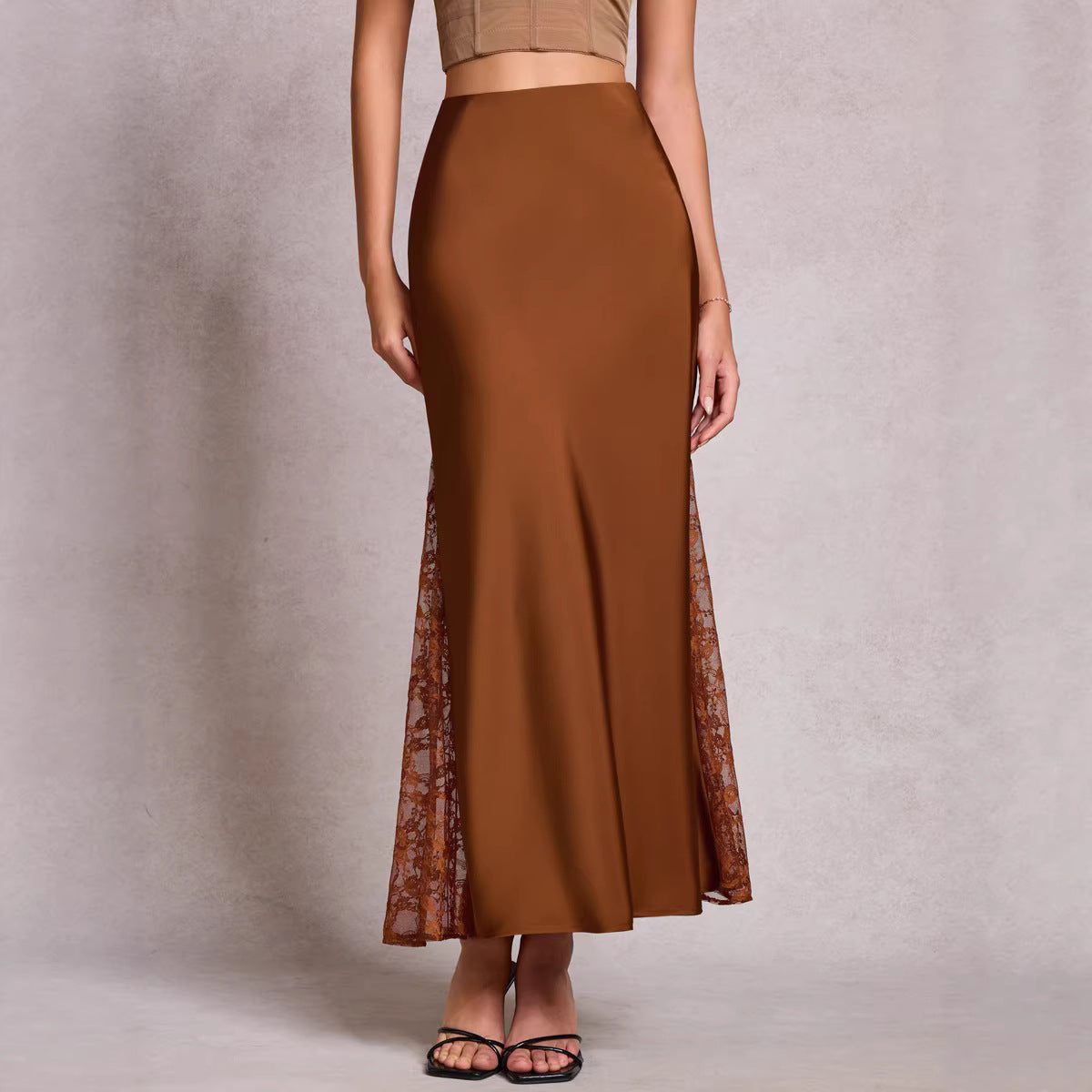 Satin Lace Trim Maxi Skirt