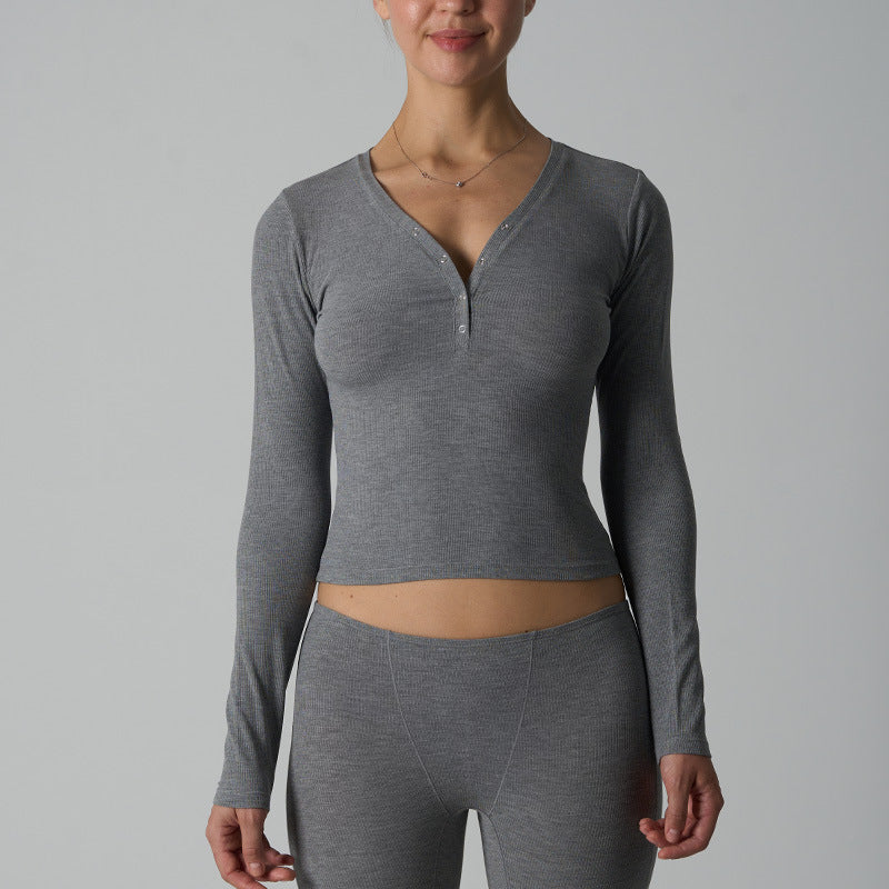 Modal Ribbed Henley Long Sleeve Top