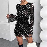 2025 new elegant women's mesh polka dot printing round neck backless long-sleeved dress