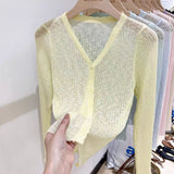 Knitted air-conditioning shirt, sunscreen shirt, women's bamboo knuckle hemp cardigan, long-sleeved spring and summer thin outer with short V-neck shawl top
