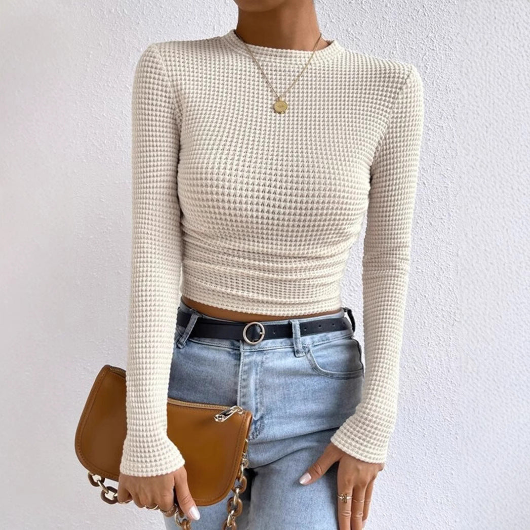 Pleated Round Neck Long Sleeve Top