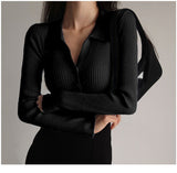 Ribbed Lapel Collar Button Knit Top