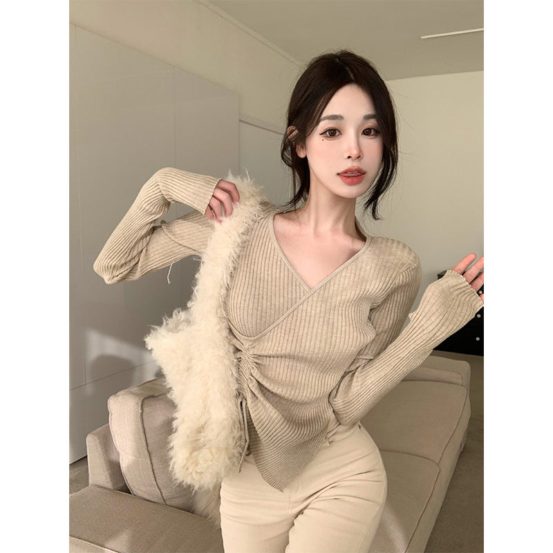 Drawstring Ruched V Neck Knit Top