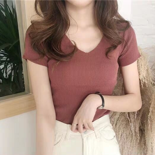 Cool Stretch V Neck Half Sleeve Knit Top