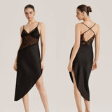 The Lace Temptation | Black Lace Satin Patchwork Maxi Slip Sleep Dress