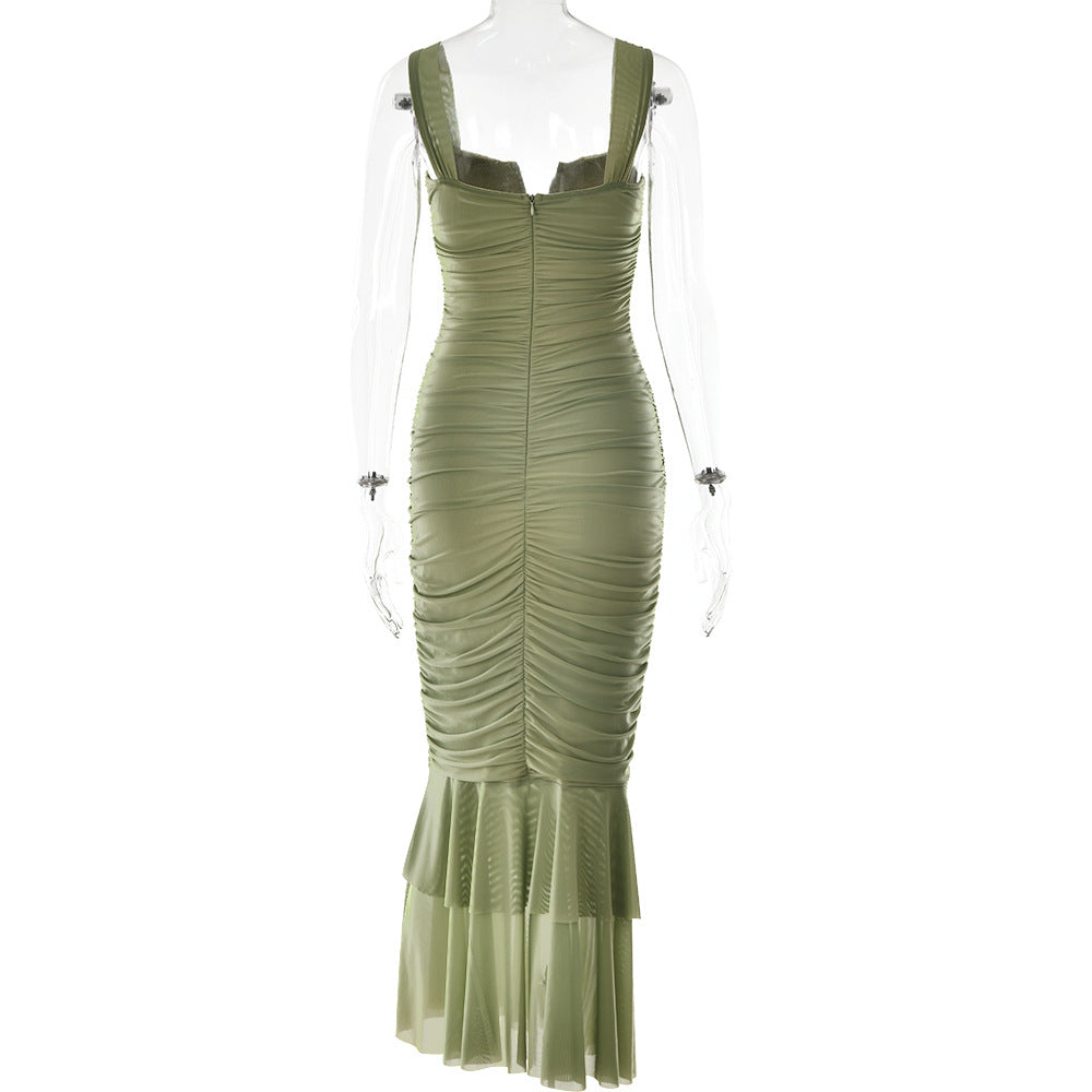 Spring and summer sling stitching dress tight pleated fishtail dress - Negative Apparel