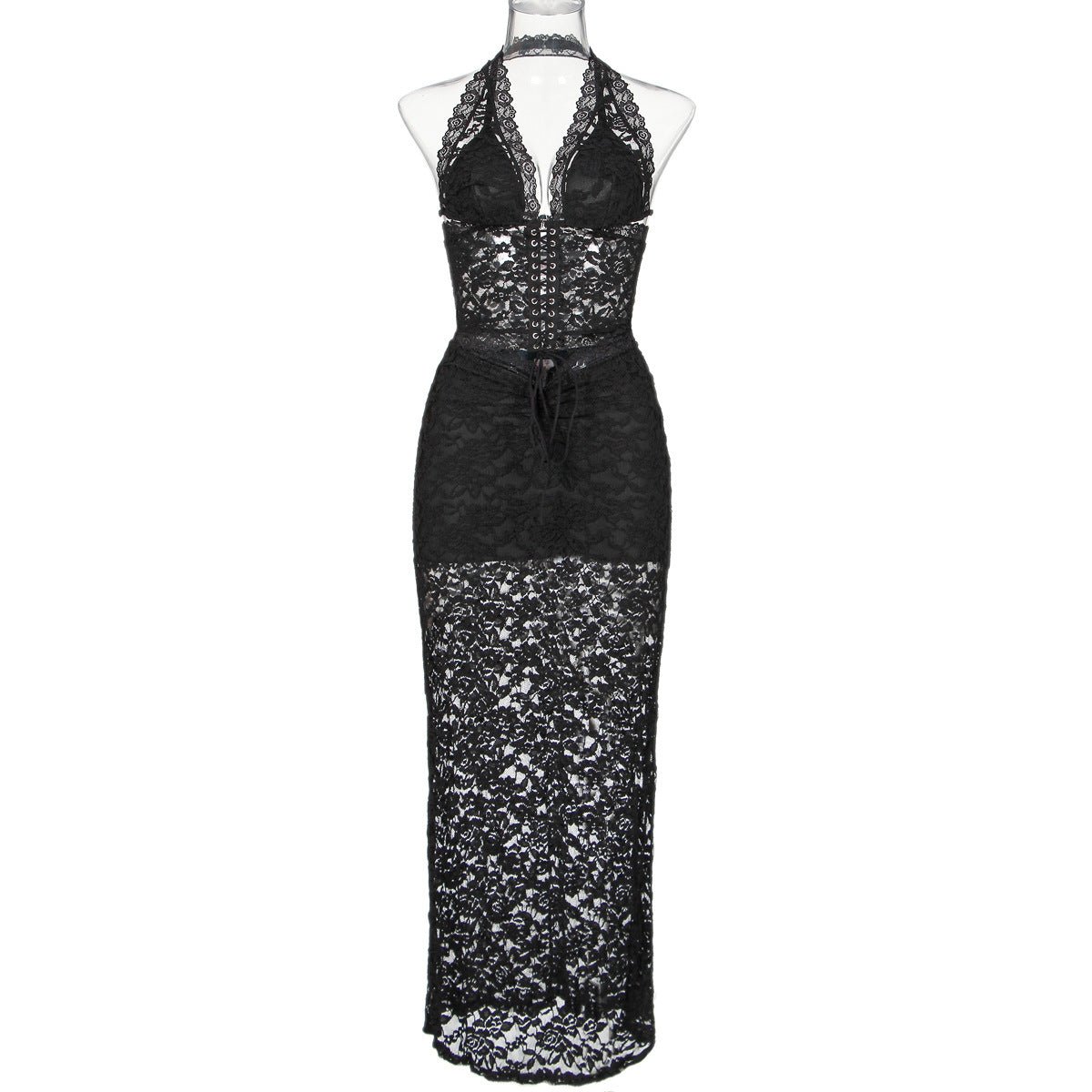 All - match Lace Beautiful Back Halter Neck Lingerie Long Skirt Set Can Be Worn Outside - Negative Apparel