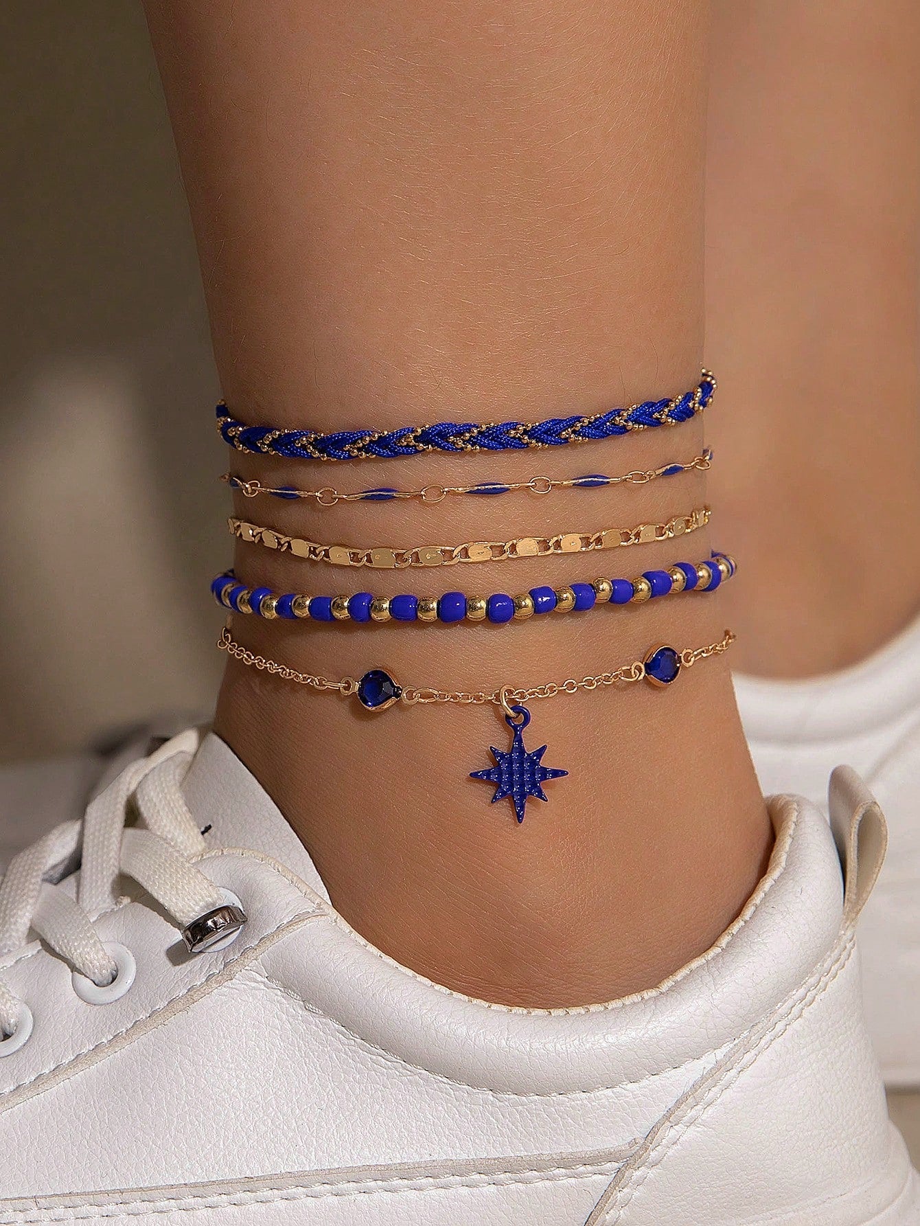 Alloy Vacation Style Rice Bead, Round Bead, Star, Rhinestone & Oil Drop Pendant Anklet - Negative Apparel