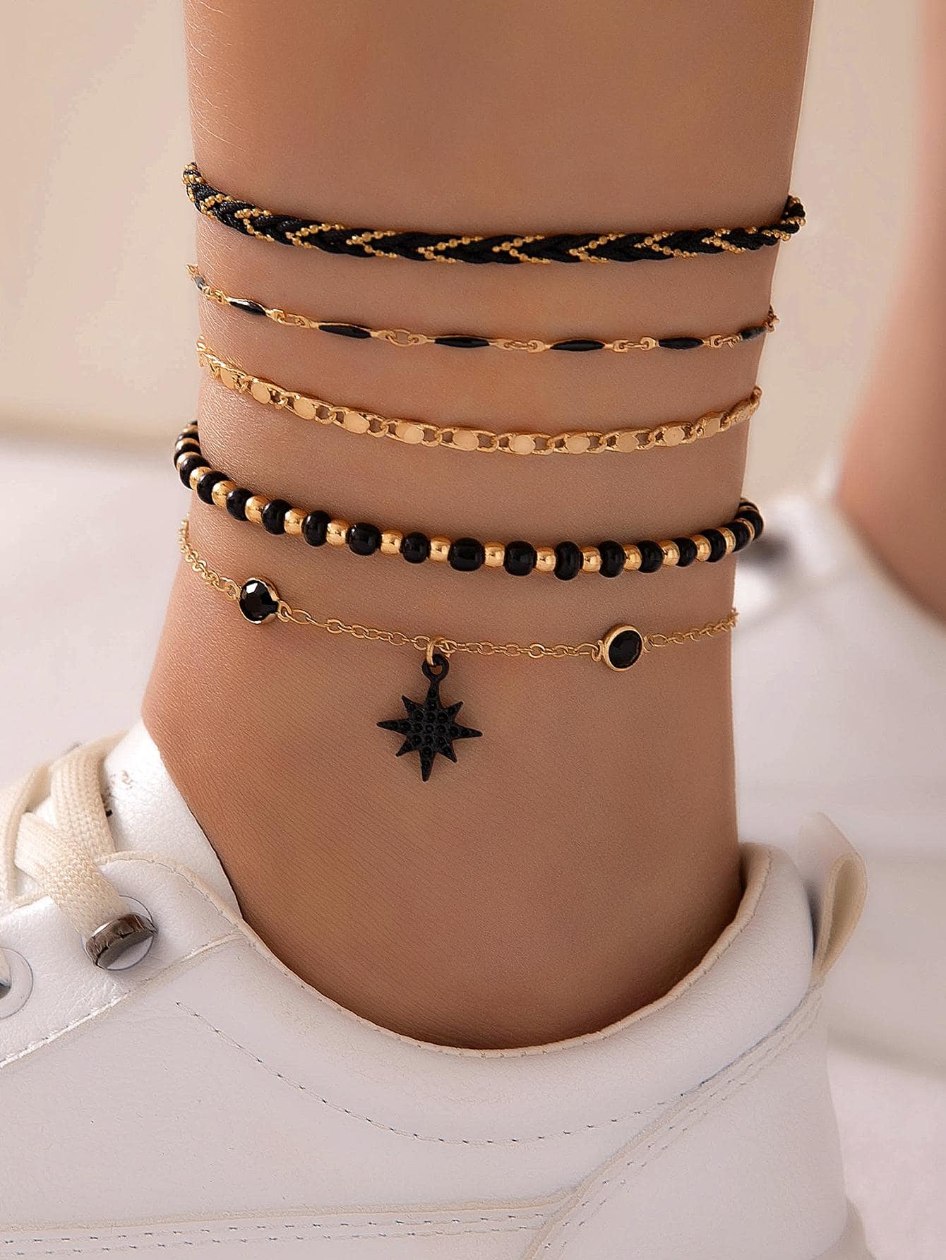 Alloy Vacation Style Rice Bead, Round Bead, Star, Rhinestone & Oil Drop Pendant Anklet - Negative Apparel