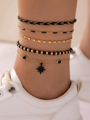 Alloy Vacation Style Rice Bead, Round Bead, Star, Rhinestone & Oil Drop Pendant Anklet - Negative Apparel