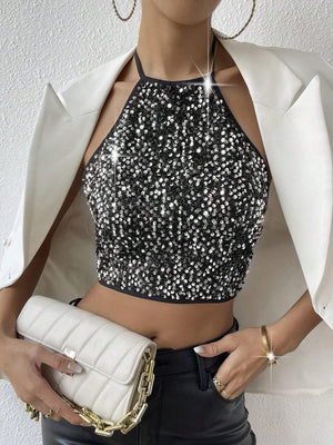 Allurite Open Back Crop Sequins Halter Top, Going Out Top - Negative Apparel