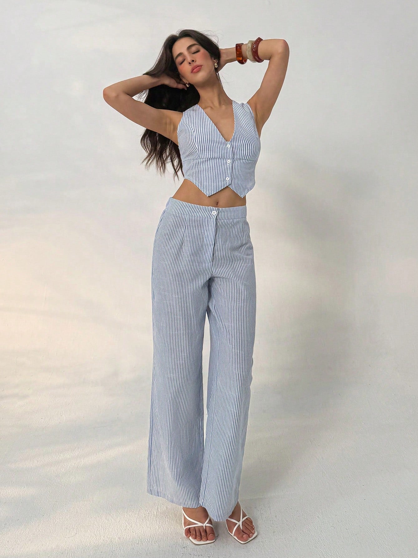 Aloruh 2pcs/Set Women Striped Vest Waistcoat And Blue & White Striped Pants Suit - Negative Apparel
